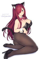 Rule 34 | 1girl, animal ears, ass, bare shoulders, black leotard, black pantyhose, blush, bow, bowtie, breasts, brown eyes, cat ears, cat tail, cleavage, dated, detached collar, erza scarlet, fairy tail, fake animal ears, hair over one eye, high heels, kittysuit, large breasts, leotard, long hair, nontraditional playboy bunny, pantyhose, parted lips, playboy bunny, red hair, saltydanshark, signature, simple background, sitting, solo, tail, twitter username, white background, wrist cuffs