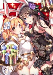Rule 34 | 2girls, animal ears, asymmetrical docking, bad id, bad pixiv id, black legwear, black leotard, blonde hair, blue eyes, blush, border, bow, bowtie, breast press, breasts, brown eyes, brown hair, detached collar, djeeta (granblue fantasy), fake animal ears, fingers to mouth, flower, granblue fantasy, hair between eyes, hair flower, hair ornament, heart, heart-shaped pupils, highres, homaderi, leotard, long hair, looking at viewer, medium breasts, multiple girls, outside border, parted lips, playboy bunny, poker chip, rabbit ears, rabbit tail, red background, red neckwear, rosetta (all her jazz) (granblue fantasy), rosetta (granblue fantasy), sparkle, symbol-shaped pupils, tail, thighhighs, tray, v-shaped eyebrows, very long hair, white legwear, white leotard, wrist cuffs
