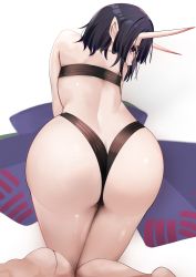 Rule 34 | 1girl, absurdres, all fours, ass, back, bob cut, breasts, eyeliner, fate/grand order, fate (series), highres, horns, looking at viewer, looking back, makeup, oni, pointy ears, purple eyes, purple hair, san (harutuki 3), short hair, shuten douji (fate), skin-covered horns, small breasts, solo