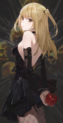 Rule 34 | 1girl, absurdres, amane misa, backless dress, backless outfit, bare shoulders, black dress, blonde hair, breasts, brown eyes, chain, closed mouth, collar, cowboy shot, death note, detached sleeves, dress, fishnet legwear, fishnets, food, from behind, fruit, highres, holding, holding food, holding fruit, leash, long hair, long sleeves, looking at viewer, looking back, modare, one side up, sideboob, skull, small breasts, smile, solo