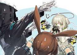 Rule 34 | 1other, 3girls, ahoge, amiya (arknights), animal ears, arknights, baseball cap, black headwear, black jacket, blue eyes, brown hair, camera, cellphone, click (arknights), doctor (arknights), double v, gloves, green eyes, grey hair, hair ornament, hat, holding, holding camera, holding phone, hood, hood up, hooded jacket, jacket, jewelry, long hair, long sleeves, mitake eil, mouse ears, mouse girl, multiple girls, multiple rings, one side up, open mouth, phone, rabbit ears, rabbit girl, rhodes island logo (arknights), ring, scene (arknights), short hair, smartphone, smile, sweatdrop, taking picture, thumb ring, trembling, v, white gloves, white jacket