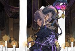 1girl absurdres warrior_of_light_(ff14) candle closed_mouth earrings final_fantasy final_fantasy_xiv from_side grey_hair highres horns jewelry lalafell lantern long_hair looking_at_viewer pointy_ears ponytail profile purple_eyes robe rosette_(yankaixuan) smile solo upper_body