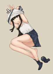 Rule 34 | 1girl, armpits, arms up, bare legs, barefoot, between toes, black skirt, black socks, blunt bangs, blunt ends, breasts, brown eyes, brown hair, chagamaka, collarbone, commentary request, feet, full body, hatsuyuki (kancolle), highres, hime cut, kantai collection, legs, legs together, light brown background, long hair, looking at viewer, lying, neck ribbon, on side, open mouth, pleated skirt, removing sock, ribbon, shirt, sidelocks, single barefoot, skirt, small breasts, socks, unworn socks, solo, tank top, thighs, toes, undressing, white shirt, white tank top