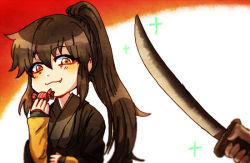 Rule 34 | 1boy, black hair, black kimono, candy, candy wrapper, fang, food, hair between eyes, high ponytail, holding, holding food, holding weapon, japanese clothes, kimono, long hair, looking at viewer, modao zushi, orange eyes, parody, sidelocks, smug, sword, weapon, wrapped candy, xue yang