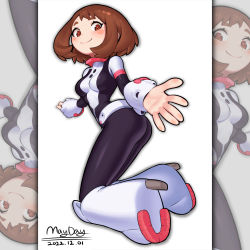 Rule 34 | 1girl, absurdres, ass, black bodysuit, blush stickers, bodysuit, boku no hero academia, boots, brown eyes, brown hair, closed mouth, dated, floating, high heel boots, high heels, highres, looking at viewer, maydaykiki, midair, multicolored bodysuit, multicolored clothes, short hair, sidelocks, skin tight, smile, solo, superhero costume, two-tone bodysuit, uraraka ochako, white bodysuit
