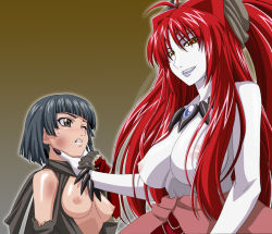 Rule 34 | 2girls, bare shoulders, beaten, blue hair, blue skin, blush, bracelet, breasts, breasts out, brown hair, clenched teeth, colored skin, deep wound, defeat, demon girl, domination, female focus, femdom, grin, headband, hime cut, horns, injury, isse, japanese clothes, jewelry, large breasts, long hair, looking at another, looking at viewer, multiple girls, neck, necklace, nipples, one eye closed, oni, original, pale skin, red eyes, red hair, shiny skin, short hair, small breasts, smile, strangling, sweat, teeth, topless, torn clothes, twintails, white skin, wince, yellow eyes, yuri