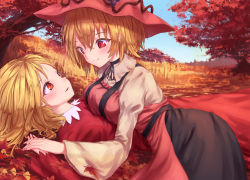 Rule 34 | 2girls, aki minoriko, aki shizuha, ass, autumn, autumn leaves, black choker, black ribbon, black skirt, blonde hair, blue sky, blush, breast rest, breasts, choker, commentary request, day, dress, eye contact, food-themed hair ornament, grape hair ornament, hair between eyes, hair ornament, hand up, hat, incest, juliet sleeves, kneeling, large breasts, leaf, leaf hair ornament, long sleeves, looking at another, lying, mob cap, multiple girls, nail polish, nature, on back, outdoors, parted lips, puffy sleeves, red dress, red eyes, red hat, red nails, ribbon, roke (taikodon), shirt, short hair, siblings, sisters, skirt, sky, smile, strapless, strapless dress, touhou, tree, wide sleeves, yellow shirt, yuri