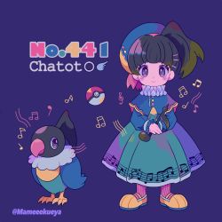 Rule 34 | 1girl, ball, beamed eighth notes, bird, black eyes, black hair, blue background, blue headwear, blunt bangs, character name, chatot, creature and personification, creatures (company), dress, eighth note, full body, game freak, gen 4 pokemon, hat, highres, holding, long hair, long sleeves, looking at viewer, music, musical note, narumame, nintendo, personification, pink legwear, poke ball, poke ball (basic), pokedex number, pokemon, pokemon (creature), ponytail, quarter note, sharp sign, simple background, smile, staff (music), standing, treble clef, twitter username, yellow footwear