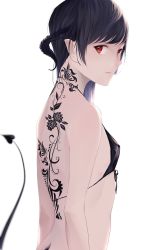 Rule 34 | 1girl, absurdres, ayubee, back tattoo, black hair, breasts, demon tail, from side, highres, horns, looking at viewer, original, pointy ears, red eyes, simple background, small breasts, solo, tail, tattoo, white background