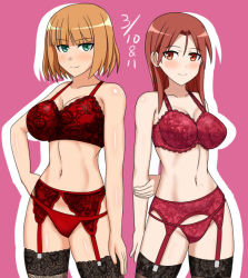 Rule 34 | 2girls, arm behind back, arm grab, black legwear, blonde hair, blush, border, bra, brave witches, breasts, brown hair, cleavage, contrapposto, garter belt, garter straps, green eyes, gundula rall, hachimitsu-b, hand on own hip, lace, lace-trimmed bra, lace-trimmed legwear, lace trim, large breasts, lingerie, long hair, minna-dietlinde wilcke, multiple girls, navel, panties, pink background, red bra, red eyes, red garter belt, red garter straps, red panties, short hair, smile, strike witches, thighhighs, underwear, underwear only, white border, world witches series