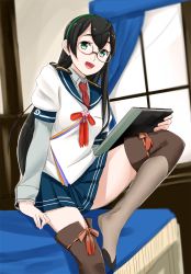 Rule 34 | 10s, 1girl, :d, bad id, bad pixiv id, bed, black hair, glasses, green eyes, kantai collection, long hair, long sleeves, looking at viewer, notebook, ojipon, on bed, ooyodo (kancolle), open mouth, school uniform, serafuku, sitting, skirt, smile, solo, thighhighs, thighs