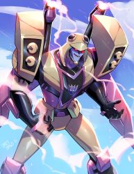 Rule 34 | absurdres, blitzwing, cloud, commentary, decepticon, english commentary, highres, lina rojas, mecha, open hands, open mouth, red eyes, robot, science fiction, shoulder cannon, sky, smile, solo, transformers, transformers animated