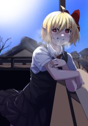Rule 34 | 1girl, absurdres, black skirt, black vest, blonde hair, blouse, bow, collared shirt, commentary request, hair bow, highres, mikazato, outdoors, pointy ears, red bow, red eyes, rumia, shirt, short hair, short sleeves, skirt, smile, solo, sun, symbol-shaped pupils, touhou, tree, vest, white shirt