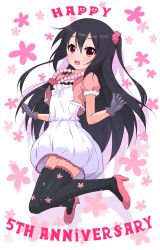 Rule 34 | 1girl, black gloves, black hair, black thighhighs, blush, gloves, high heels, highres, jewelry, k-on!, k10k, long hair, looking at viewer, nakano azusa, necklace, red eyes, smile, solo, thighhighs