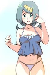 1girl :o blue_eyes blue_hair breasts bright_pupils cleavage collarbone creatures_(company) curvy ero_kaeru eyelashes freckles game_freak hair_ornament highres lana&#039;s_mother_(pokemon) long_hair micro_panties nintendo no_bra open_mouth panties pokemon pokemon_(anime) pokemon_sm_(anime) solo standing swimsuit thighs thong underwear white_pupils wide_hips