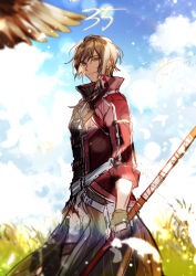 Rule 34 | 1boy, blue eyes, brown hair, closed mouth, cloud, coat, eiyuu densetsu, gaius worzel, highres, holding, holding polearm, holding weapon, long sleeves, looking at viewer, male focus, outdoors, pants, polearm, red coat, sen no kiseki, sen no kiseki iv, short hair, sky, soap (user kghh4755), solo, weapon, white pants