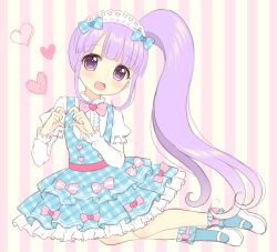 Rule 34 | 1girl, :d, blue bow, blue dress, blue socks, blunt bangs, blush, bow, center frills, dress, frills, full body, hair bow, hands up, head tilt, heart, heart hands, high ponytail, layered dress, layered sleeves, long hair, long sleeves, open mouth, original, pastel colors, pink bow, plaid, plaid bow, plaid dress, puffy short sleeves, puffy sleeves, purple eyes, purple hair, ribbon-trimmed sleeves, ribbon trim, riria (happy strawberry), shirt, shoes, short over long sleeves, short sleeves, side ponytail, sidelocks, smile, socks, solo, striped, striped background, unmoving pattern, vertical stripes, very long hair, white footwear, white shirt