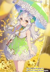 Rule 34 | 1girl, bow, braid, company name, copyright name, day, dress, flower, green bow, green dress, hair between eyes, hair bow, hair flower, hair ornament, highres, holding, holding umbrella, kikkaiki, leaf, long hair, looking at viewer, looking up, official art, outdoors, parasol, sidelocks, solo, standing, twin braids, umbrella, watermark, white hair, yellow eyes, z/x
