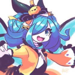Rule 34 | 1girl, :d, black bow, blue eyes, blue hair, blurry, blurry foreground, bow, commentary request, cygames, depth of field, dragalia lost, eyelashes, fang, hair bow, hair over one eye, halloween, halloween costume, jack-o&#039;-lantern, jacket, long sleeves, looking at viewer, nintendo, one eye covered, open mouth, orange jacket, reiesu (reis), signature, silke (dragalia lost), simple background, smile, solo, upper body, white background, wings