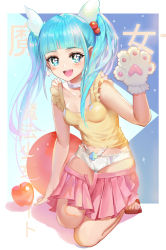 Rule 34 | 10s, 1girl, :d, absurdres, anazawa nijimi, animal ears, animal hands, apple, blouse, blue eyes, blue hair, blush, breasts, dog ears, earrings, food, frilled shirt, frills, fruit, full body, gloves, hair bobbles, hair ornament, highres, jewelry, kirby (series), kirbyheimi, kneeling, mahou shoujo site, nintendo, open mouth, panties, paw gloves, pink skirt, pleated skirt, sandals, shirt, skirt, sleeveless, sleeveless shirt, small breasts, smile, spade (shape), spade earrings, symbol-shaped pupils, underwear, white panties, yellow shirt