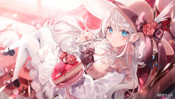 Rule 34 | 1girl, a20 (atsumaru), black footwear, blue eyes, breasts, cake, cake slice, character request, cleavage, closed mouth, copyright request, crossed legs, dress, flower, food, fork, from above, hat, hat flower, high heels, highres, large breasts, light blush, long hair, long sleeves, looking at viewer, official art, pantyhose, sitting, smile, solo, very long hair, virtual youtuber, white hair, white pantyhose