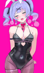 Rule 34 | 1girl, animal ears, armband, arms behind back, black armband, black leotard, blue eyes, blue hair, blush, border, bow, bowtie, breasts, commentary, cowboy shot, cutout above navel, detached collar, fake animal ears, gluteal fold, grey pantyhose, hair intakes, hair ornament, hairband, hatsune miku, highres, large breasts, leotard, looking at viewer, mitsuru (pixiv 34028718), necktie, open mouth, pantyhose, pink background, rabbit ears, rabbit hole (vocaloid), red bow, red bowtie, red necktie, short necktie, simple background, smile, solo, symbol-only commentary, teardrop facial mark, thigh strap, twintails, vocaloid, white hairband, x hair ornament