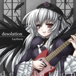 Rule 34 | 00s, 1girl, black wings, cover, detached collar, electric guitar, feathers, flower, frilled sleeves, frills, gothic lolita, guitar, hairband, instrument, lolita fashion, lolita hairband, long hair, long sleeves, looking at viewer, red eyes, rose, rozen maiden, silver hair, smile, solo, suigintou, upper body, wings