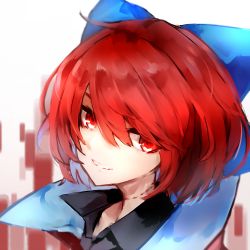 Rule 34 | 1girl, absurdres, black shirt, blue bow, bow, collared shirt, grin, hair bow, highres, looking at viewer, portrait, red eyes, red hair, safutsuguon, scar, scar on neck, sekibanki, shirt, short hair, smile, solo, touhou