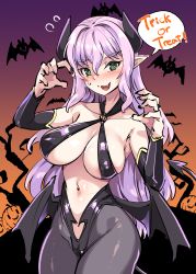 Rule 34 | 1girl, absurdres, black pantyhose, blush, breasts, claw pose, demon girl, demon horns, demon tail, detached sleeves, fang, full-face blush, green eyes, halloween, harigane shinshi, highres, horns, jack-o&#039;-lantern, large breasts, light purple hair, low wings, navel, open mouth, original, pantyhose, pointy ears, revealing clothes, sling bikini top, solo, speech bubble, tail, trick or treat, wings