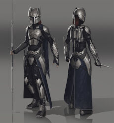 1boy 5health absurdres armor brown_hair dagger front_and_back full_body gradient_background grey_background highres holding holding_dagger holding_knife holding_polearm holding_weapon knife long_hair mandalorian mandalorian_armor mandalorian_helmet multiple_views polearm shadow spear star_wars weapon