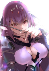 Rule 34 | 1girl, bad id, bad pixiv id, breasts, cleavage, cleavage cutout, clothing cutout, dress, fate/grand order, fate (series), fur trim, hair between eyes, highres, jewelry, kuziaaizuk, large breasts, long hair, looking at viewer, purple dress, purple hair, red eyes, scathach (fate), scathach skadi (fate), scathach skadi (second ascension) (fate), solo, tiara, wand, white background