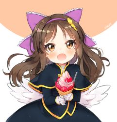 Rule 34 | 10s, 1girl, :d, artist name, ayami (annahibi), blurry, blush, bow, brown eyes, brown hair, capelet, cone, depth of field, feathered wings, floating hair, food, frilled bow, frills, fruit, gloves, hair bow, hair ornament, hairband, heart, holding, holding food, ice cream, ice cream cone, idolmaster, idolmaster cinderella girls, long hair, looking at viewer, matching hair/eyes, open mouth, orange background, project krone, smile, solo, strawberry, tachibana arisu, two-tone background, upper body, waffle cone, white background, white gloves, white wings, wings