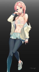 Rule 34 | 1girl, absurdres, arknights, bare shoulders, black background, blue eyes, blue pants, blue poison (arknights), blue poison (shoal beat) (arknights), blue shorts, braid, breasts, camisole, chinese commentary, choker, cleavage, commentary request, crop top, earrings, foot out of frame, gradient background, hairband, highres, jacket, jewelry, leggings, long hair, long sleeves, looking at viewer, medium breasts, midriff, nail polish, navel, official alternate costume, open clothes, open jacket, pants, pink choker, pink hair, shoes, short shorts, shorts, smile, sneakers, solo, spaghetti strap, sports bra, standing, stomach, swallow zzy, thighs, twin braids, white jacket