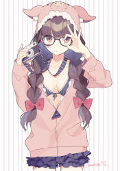 Rule 34 | 1girl, artist name, bikini, booota, bow, braid, breasts, brown eyes, brown hair, camera, cleavage, cursive, facial mark, front-tie bikini top, front-tie top, glasses, hair bow, hair over shoulder, heart, heart facial mark, hood, hoodie, jacket, long hair, looking at viewer, medium breasts, nail polish, ok sign, ok sign over eye, original, peeking through fingers, pig hood, signature, solo, striped, striped background, swimsuit, twin braids, unzipped, vertical stripes