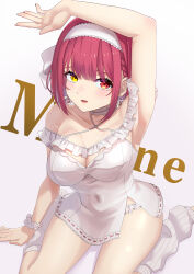 1girl absurdres arm_above_head arm_up armpits bare_shoulders blush bow bow_earrings breasts character_name cleavage dress earrings frilled_nightgown hair_between_eyes hand_on_floor hand_up heart heart_earrings heterochromia highres hololive houshou_marine houshou_marine_(8th_costume) jewelry large_breasts looking_at_viewer nightgown official_alternate_costume open_mouth paipukoron417 red_eyes red_hair ribbon_earrings short_hair simple_background sitting solo text_background thighs virtual_youtuber wariza white_dress white_nightgown yellow_eyes