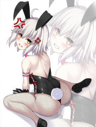 Rule 34 | 1girl, aged down, ahoge, anger vein, animal ears, arm garter, arm support, ass, bad id, bad pixiv id, bare shoulders, black footwear, black gloves, black leotard, black pantyhose, blush, clenched teeth, commentary request, detached collar, eyeliner, fake animal ears, fake tail, fate/apocrypha, fate (series), fishnet pantyhose, fishnets, from above, gloves, grey hair, hair between eyes, head tilt, highres, jeanne d&#039;arc (fate), jeanne d&#039;arc alter (avenger) (fate), jeanne d&#039;arc alter (fate), leotard, lipstick, looking at viewer, looking back, makeup, medium hair, okuri banto, pale skin, pantyhose, pink lips, playboy bunny, rabbit ears, rabbit tail, shoulder blades, sidelocks, sitting, solo, strapless, strapless leotard, tail, teeth, v-shaped eyebrows, wariza, white background, yellow eyes, zoom layer
