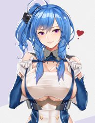 Rule 34 | 1girl, ahoge, azur lane, bare shoulders, blue hair, blush, breasts, cleavage, closed mouth, covered erect nipples, elbow gloves, gloves, heart, highres, large breasts, lips, long hair, looking at viewer, ponytail, pulling own clothes, purple eyes, side ponytail, sideboob, sidelocks, skindentation, smile, solo, st. louis (azur lane), strap pull, tony guisado, underboob, upper body, white gloves
