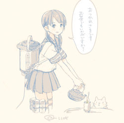Rule 34 | 1girl, animal, blouse, blush, brown background, cat, cup, highres, holding, holding teapot, kantai collection, kokudou juunigou, long hair, looking at viewer, low twintails, machinery, monochrome, parted lips, pleated skirt, pouring, sailor collar, school uniform, serafuku, shirayuki (kancolle), shirt, short sleeves, simple background, skirt, smile, solo, tea, teapot, thigh strap, twintails, white shirt, yunomi