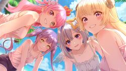 4girls alternate_costume amane_kanata animal_ears beach black_shorts blue_hair blush bob_cut camisole candy_hair_ornament center-flap_bangs colored_inner_hair commentary_request crown demon_tail dolphin_shorts double-parted_bangs dress food-themed_hair_ornament frilled_dress frills green_eyes grey_hair grin hair_between_eyes hair_ornament hairclip halo heterochromia highres himemori_luna holoforce hololive horns long_hair looking_at_viewer mikan_mizu multicolored_hair multiple_girls ocean one_side_up outdoors palm_tree piercing pink_hair purple_eyes purple_hair sheep_ears sheep_girl sheep_horns short_hair shorts sidelocks single_hair_ring sleeveless sleeveless_dress smile star_halo streaked_hair summer sundress tail tail_ornament tail_piercing tank_top tokoyami_towa tree tsunomaki_watame virtual_youtuber white_camisole white_dress white_tank_top