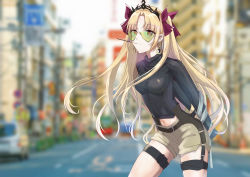 Rule 34 | 1girl, absurdres, alternate costume, black shirt, blonde hair, blurry, blurry background, car, changpan hutao, cityscape, earrings, ereshkigal (fate), fate/grand order, fate (series), green-tinted eyewear, green-tinted glasses, highres, hoop earrings, infinity symbol, jewelry, long hair, long sleeves, looking over eyewear, looking over glasses, midriff, motor vehicle, navel, outdoors, parted bangs, red eyes, shirt, shorts, solo, sunglasses, thigh strap, tiara, tinted eyewear, two side up
