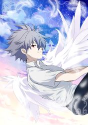 1boy absurdres angel_wings black_pants chiyu_(bokunopiko) closed_mouth collared_shirt commentary falling falling_feathers feathers hair_between_eyes highres male_focus nagisa_kaworu neon_genesis_evangelion pants profile red_eyes shirt short_sleeves sky smile solo star_(sky) white_hair white_shirt wing_collar wings