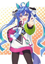 Rule 34 | 1girl, :d, @ @, ahoge, animal ears, aqua hair, black pantyhose, blue eyes, blue hair, blush, bow, commentary, cowboy shot, crossed bangs, drawstring, hair bow, halftone, halftone background, hand on own hip, hand up, heterochromia, highres, hood, hoodie, horse ears, horse girl, horse tail, letterboxed, long hair, long sleeves, looking at viewer, multicolored clothes, multicolored hair, multicolored hoodie, open mouth, orange background, outline, outside border, outstretched arm, pantyhose, purple eyes, sharp teeth, sidelocks, smile, solo, striped bow, stuffed animal, stuffed rabbit, stuffed toy, sweat, tail, teeth, twin turbo (umamusume), twintails, two-tone hair, umamusume, upper teeth only, v, very long hair, white outline, yuki (t-yamayamaji43)