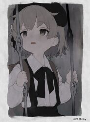 Rule 34 | 1girl, abstract background, backpack, bag, beret, black hat, black ribbon, border, brown bag, brown eyes, brown hair, collared shirt, commentary, dated, dress shirt, fangs, grey background, hair ribbon, hands up, hat, hatoba tsugu, holding, looking to the side, medium hair, mole, mole under eye, neck ribbon, open mouth, ribbon, shirt, shirt tucked in, solo, suspenders, swing set, tsugu (vtuber), upper body, virtual youtuber, white shirt, yuuhi homare
