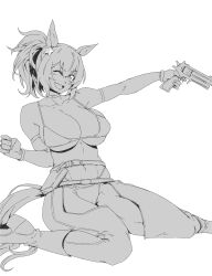 Rule 34 | 1girl, absurdres, alternate costume, animal ears, bare shoulders, belt, bikini, blush, boots, breasts, chaps, choker, clenched hand, commentary request, fingerless gloves, gloves, greyscale, gun, hair ornament, handgun, highres, holding, holding gun, holding weapon, horse ears, horse girl, horse tail, large breasts, looking at viewer, lying, medium hair, minew, monochrome, navel, on back, ponytail, pouch, revolver, simple background, sitting, smile, solo, star (symbol), star hair ornament, swimsuit, taiki shuttle (umamusume), tail, trigger discipline, umamusume, weapon, white background, yokozuwari