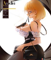 Rule 34 | 1girl, areola slip, bag, black skirt, blonde hair, blue eyes, breasts, character name, earrings, from side, greatodoggo, gun, hair behind ear, hair ornament, handbag, handgun, heart, heart earrings, high-waist skirt, highres, holding, holding gun, holding weapon, hololive, hololive english, jewelry, large breasts, looking at viewer, medium hair, mouth hold, pantyhose, parted lips, profile, shirt, sideways glance, skirt, solo, twitter logo, virtual youtuber, watson amelia, watson amelia (street casual), weapon, white shirt