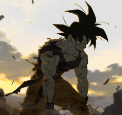 Rule 34 | 1boy, amepati, black hair, cloud, cloudy sky, day, dirty, dirty clothes, dirty face, dougi, dragon ball, dragonball z, looking away, lowres, male focus, short hair, sky, solo, solo focus, son goku, spikes, standing, sunset, sweatdrop, wristband