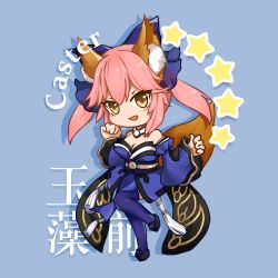 Rule 34 | 10s, 1girl, animal ears, blue background, blue legwear, blush stickers, bow, breasts, character name, chibi, cleavage, detached sleeves, fate/extra, fate (series), fox ears, fox tail, full body, hair bow, hair ribbon, japanese clothes, looking at viewer, open mouth, pink hair, ribbon, solo, star (symbol), tail, tamamo (fate), tamamo no mae (fate/extra), yan xiao, yellow eyes