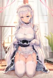 Rule 34 | 1girl, absurdres, artist name, azur lane, belfast (azur lane), black choker, black dress, blue eyes, blush, bow, bow panties, braid, breasts, choker, cleavage, closed mouth, clothes lift, collarbone, commentary request, curtains, day, dress, dress lift, elbow gloves, fallen-leaves, frilled dress, frills, garter belt, gloves, groin, highres, indoors, kneeling, large breasts, leotard, leotard under clothes, lifting own clothes, light particles, long hair, looking at viewer, maid headdress, midriff, mop, navel, panties, smile, solo, thighhighs, underwear, very long hair, white bow, white garter belt, white gloves, white hair, white leotard, white panties, white thighhighs