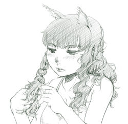 Rule 34 | 1girl, animal ears, blush, bra, braid, braiding hair, cat ears, embroidered bra, eyelashes, hair over shoulder, hair undone, hairdressing, hatching (texture), kaenbyou rin, linear hatching, lips, long hair, looking down, monochrome, simple background, slit pupils, solo, touhou, underwear, underwear only, upper body, uruo, wavy hair, white background