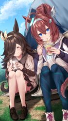 Rule 34 | 2girls, ahoge, alternate hairstyle, animal ears, blue eyes, blush, brown footwear, brown hair, buttons, camping, chopsticks, closed eyes, closed mouth, clothes writing, cup, day, dress, eating, grey hairband, hair between eyes, hair bun, hair over one eye, hairband, highres, holding, holding chopsticks, holding cup, horse ears, horse girl, jacket, long hair, long sleeves, merxkialis, mihono bourbon (umamusume), multiple girls, nissin cup noodle, open clothes, open jacket, pantyhose, rice shower (umamusume), shoes, single hair bun, smile, umamusume, white dress